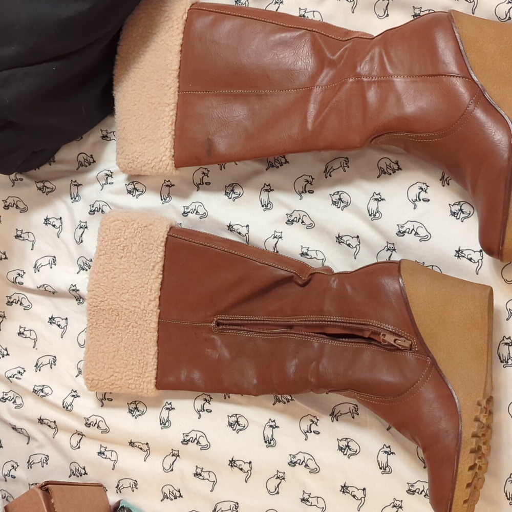 Faux fur top wedge boots